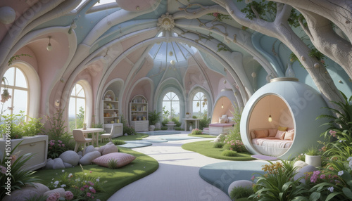 whimsical, pastel colored interior features arched ceilings and tree like structures, creating cozy, imaginative space. Soft seating areas and lush greenery enhance serene atmosphere