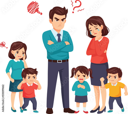 A family experiencing distress and conflict, with parents looking angry or sad and children crying or upset, symbolizing family problems, divorce, or emotional struggles
