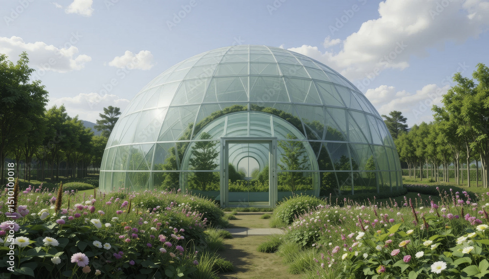 Obraz premium large glass dome greenhouse stands amidst lush garden, surrounded by vibrant flowers and trees under partly cloudy sky. structure modern design contrasts with natural beauty around it