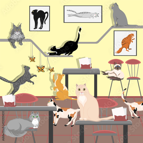 Cat cafe ,cafe interior with various adorable cats.vector illustration.