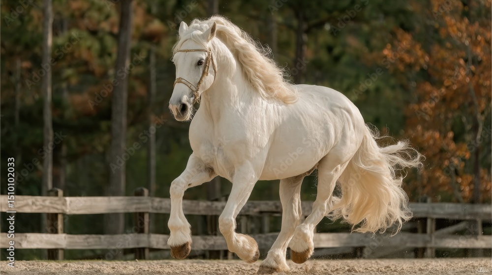 Obraz premium Majestic white horse galloping gracefully with flowing mane and tail in the wind, adorned with a delicate golden bridle contrasting its pure coat. Powerful legs lifted mid-stride showcase strength and