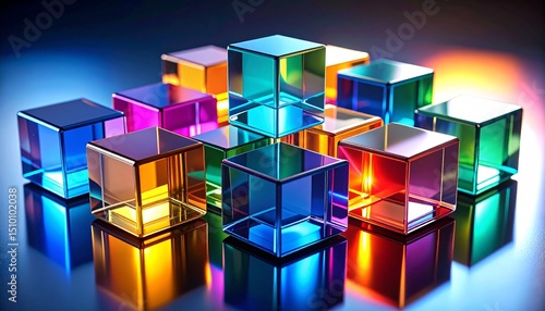 Geometric blocks in bold multicolored acrylic finishes, resting on a mirror base with soft ambient lighting and deep shadows.