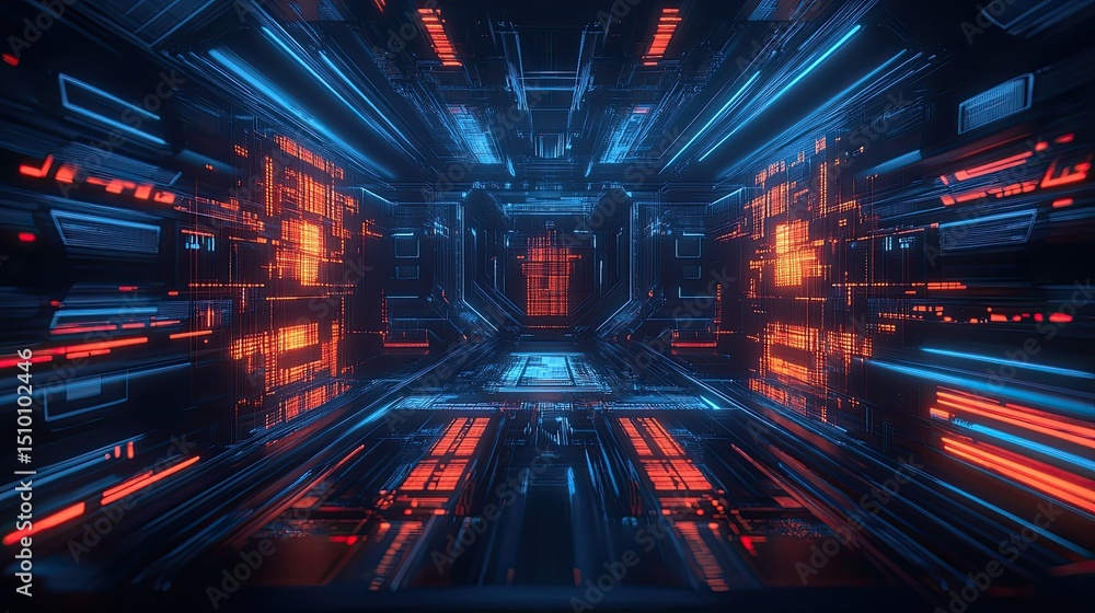 Futuristic technological corridor with vibrant blue and red neon light effects Futuristic technological corridor with vibrant blue and red neon light effects