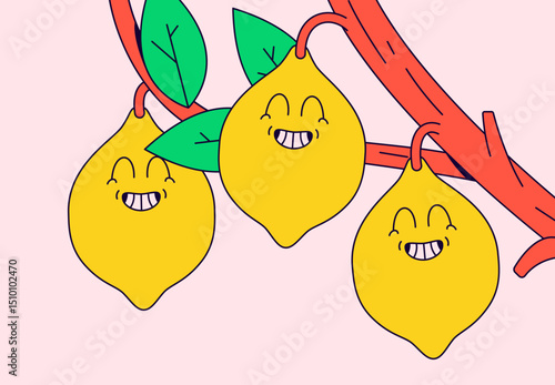 Three bright yellow lemons with happy cartoon faces hanging from a red tree branch for childcare’s products, educational materials, or playful branding in cartoon hand drawn vector