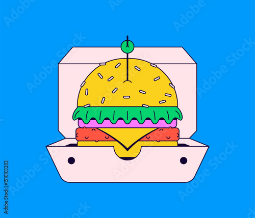 Burger in takeout box cartoon illustration