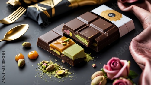 Artisan Chocolate Bars with Pistachios, Caramel and Delicate Floral Arrangement