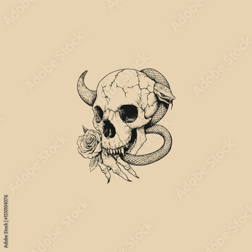 bull skull wrapped in snakes and flowers design vector template illustration