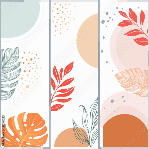 Vector illustration of five vertical abstract backgrounds featuring minimal botanical line art with tropical leaves and natural forms. Each panel uses warm earthy tones like terracotta, beige, caramel