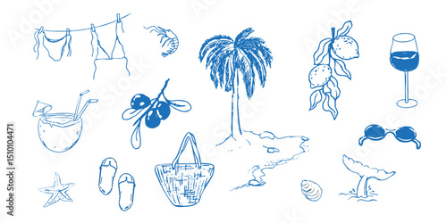 Summer seashore greek sea tourism, rest sketch drawing. Line hand drawn beach party elements. Vacation doodle tropical print.