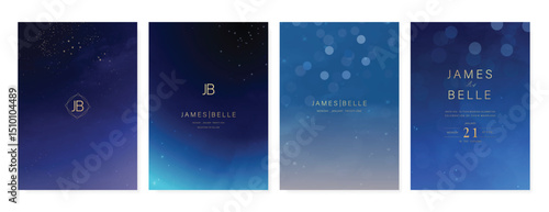 Luxury invitation card design vector set. Elegant wedding card with little star moon sun meteor and space decorative on navy blue background. Design illustration for cover, poster, gala.