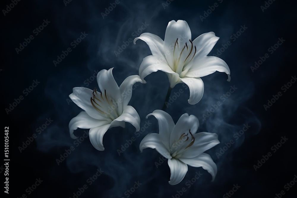 White Lilies Emerging From Smoke Against Dark Background White Lilies Emerging From Smoke Against Dark Background