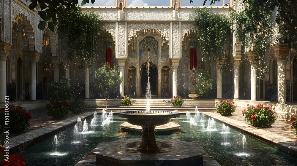Obraz premium A dais in a palace courtyard surrounded by fountains