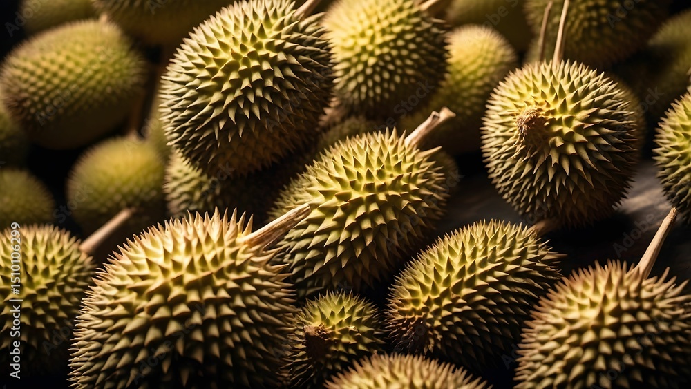 Fototapeta premium Exploring the variety of tropical fruits including durian, jackfruit, and citrus in a vibrant market setting Generative AI