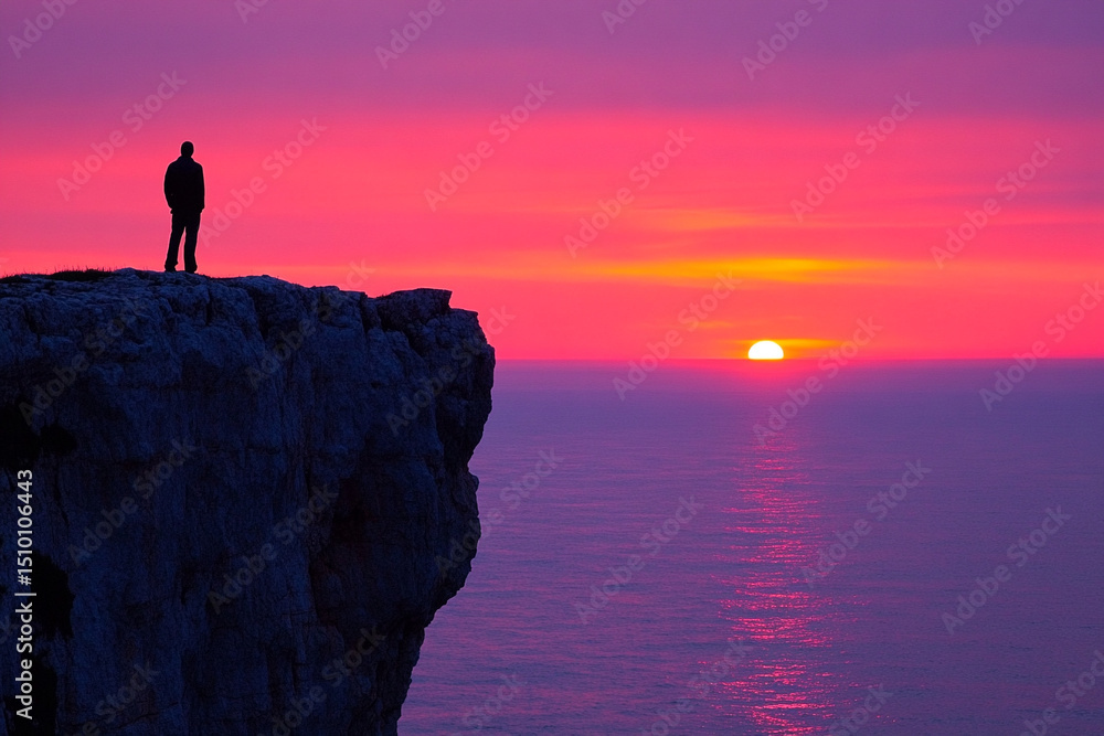 Lone figure watching the sunset from a high cliff silhouette Lone figure watching the sunset from a high cliff silhouette