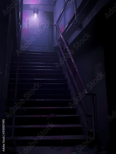 A dimly lit staircase leads to a dark  possibly abandoned basement with graffiti-covered walls  exuding an eerie and foreboding atmosphere.