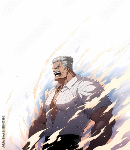 Muscular anime figure, dynamic pose, white outfit, white background, energy