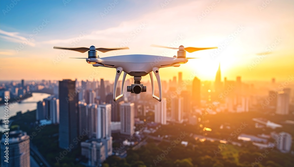 Drone over cityscape at sunset Drone over cityscape at sunset