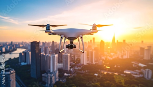 Drone over cityscape at sunset