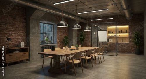 Industrial Chic Conference Room Design - Modern workspace  exposed brick  wooden table  industrial lighting  glass partition. Symbolizing collaboration  innovation  efficiency    and modern design
