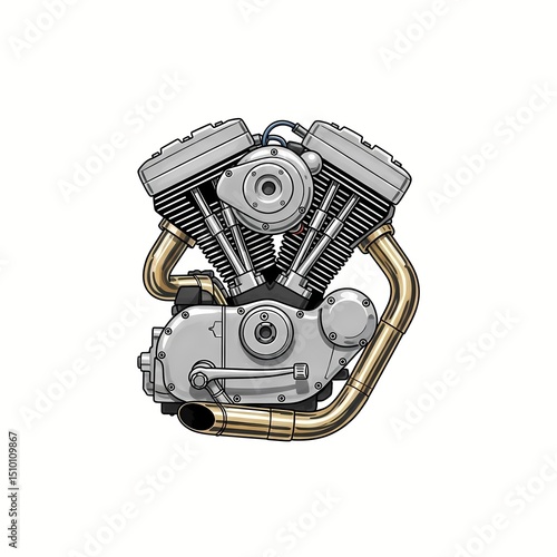 A fictional cartoon caricature illustration of a chrome motorcycle engine isolated against a white background. bike, part, isolated, mechanical, drawing, artwork, metal, design, white background, rev