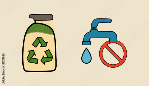 Vector of a recyclable soap bottle and a water faucet with a prohibition sign. Emphasizes water conservation and environmentally friendly hygiene products.