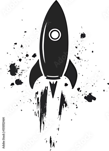 Stylized black rocket blasting off with a textured background.