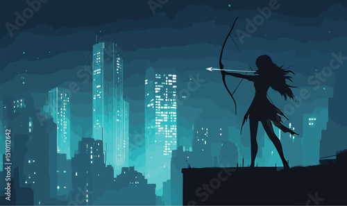 Silhouette of a female archer in a cityscape at night, poised to shoot an arrow.