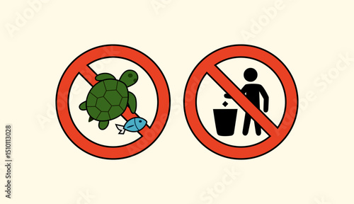 No plastic and no littering icons with red circle signs, flat vector symbols for anti-pollution, zero waste, and green environmental message