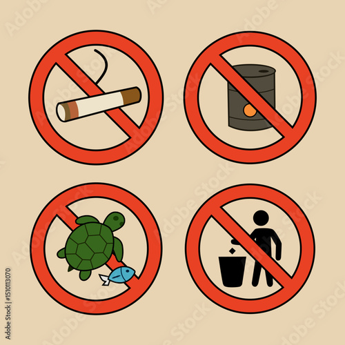 Vector illustration of plastic ban and no littering prohibition signs, red circular symbols for environmental cleanliness and waste awareness