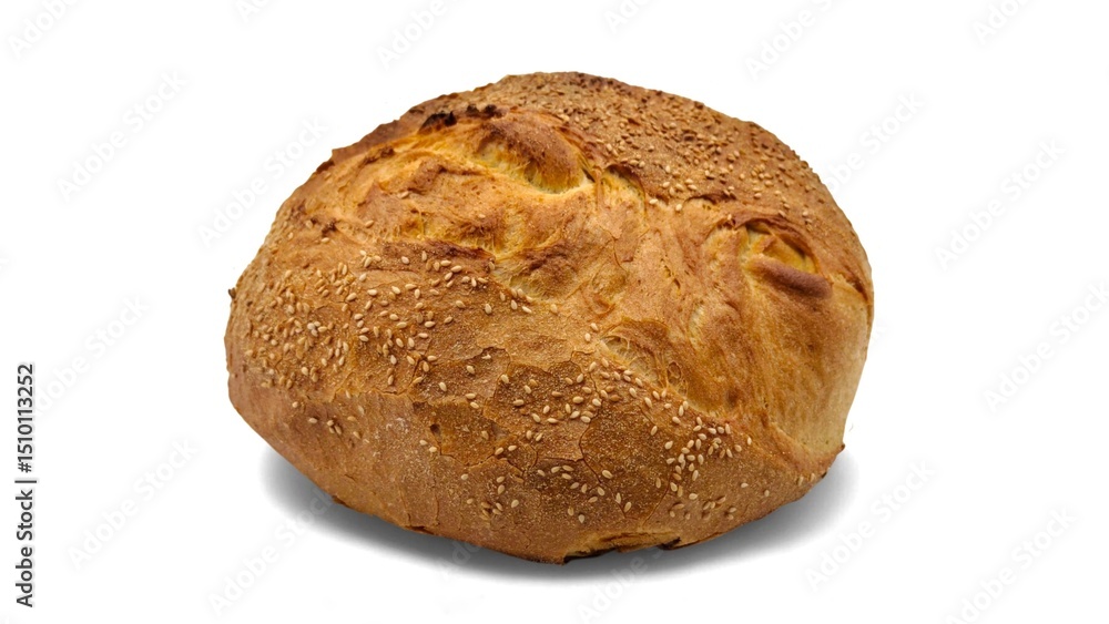 Photo of a golden brown round loaf of freshly baked sesame bread with a crusty exterior, isolated on a white background. Photo of a golden brown round loaf of freshly baked sesame bread with a crusty exterior, isolated on a white background.