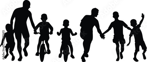 Happy family silhouettes walking and biking
