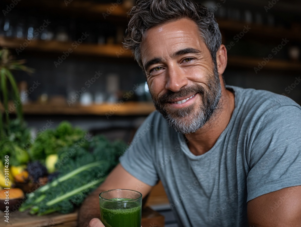 Healthy Lifestyle: A smiling man enjoys a green smoothie in his kitchen, surrounded by fresh produce. He embodies health, vitality, and well-being. Healthy Lifestyle: A smiling man enjoys a green smoothie in his kitchen, surrounded by fresh produce. He embodies health, vitality, and well-being.
