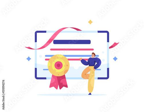 certification concept. certificate from training, seminar, workshop, course. graduation certificate. proof document and award. illustration of a man getting e-certificate and medal. flat style design