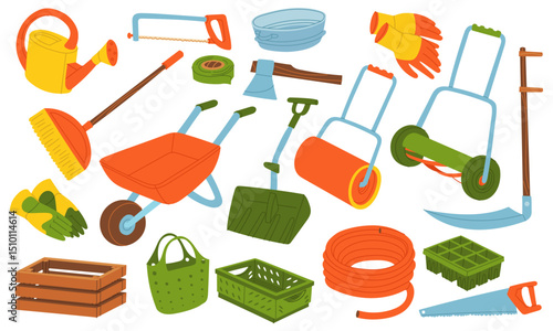 set of gardening tools. Flat color illustration. Watering can, gloves, scythe, wheelbarrow. Gardening tools. Seasonal work. product for agricultural crops. Suitable for ecology, garden, household