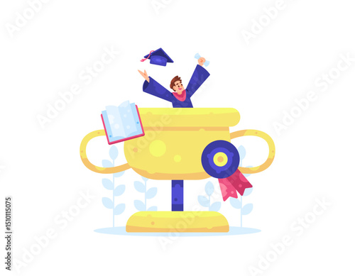 illustration of a happy male graduate who successfully graduated and became a champion. getting a trophy. graduation concept. graduation attire. education, awards and achievements. flat style