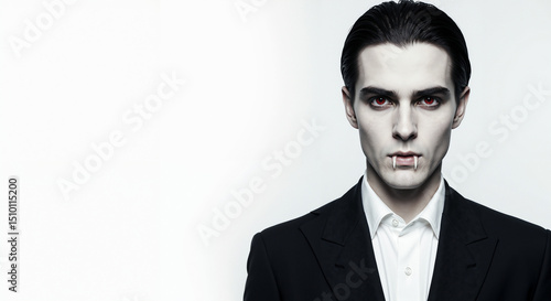Young man dressed in suit with vampire makeup against white background  