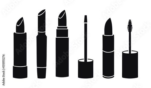 Black silhouettes of makeup products lipstick mascara