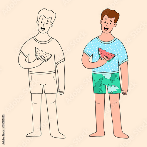 Happy Man Beachgoer with Watermelon. Male Character Beach. Isolated Color and Outline linear hand drawing. Vector illustration