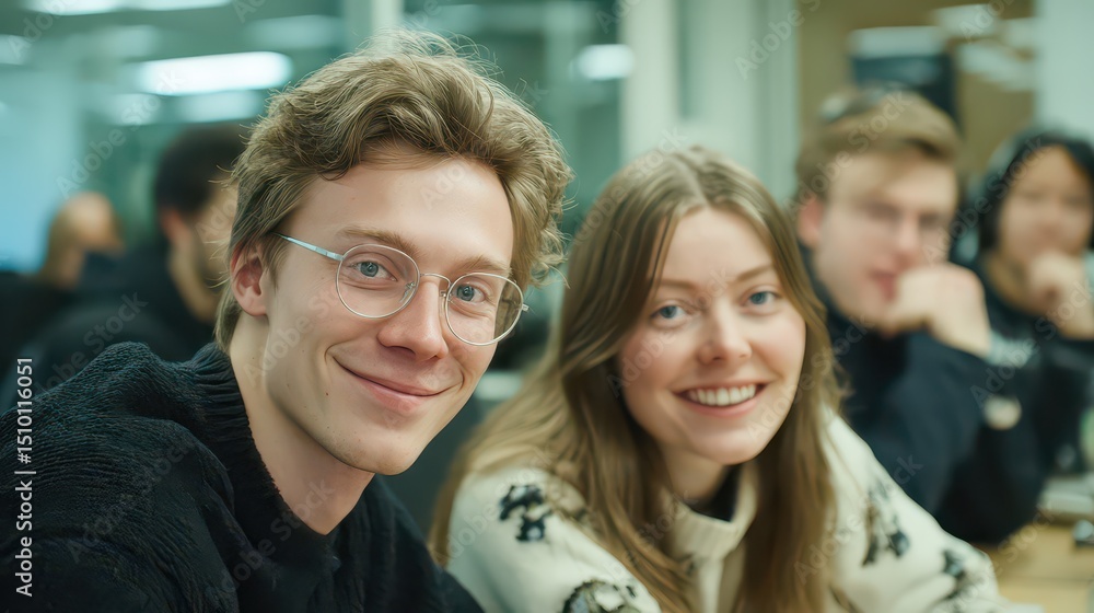 Close-Up of Happy Young Man and Woman at Campus or Conference Close-Up of Happy Young Man and Woman at Campus or Conference