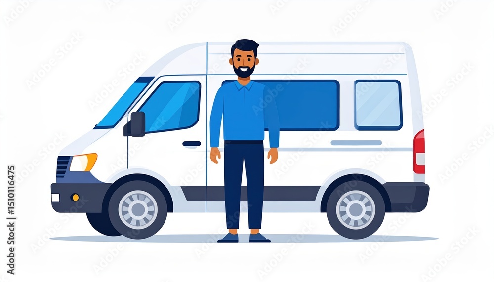 Man standing next to a white van, glimpse into everyday transportation and logistics Man standing next to a white van, glimpse into everyday transportation and logistics