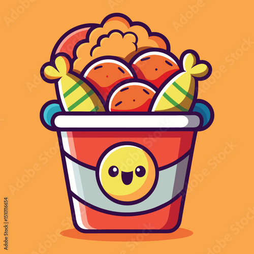 Delicious cartoon bucket filled with chicken wings and legs, accompanied by tasty sides, creating a festive atmosphere in a bright design