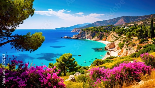 Fototapeta Naklejka Na Ścianę i Meble -  Breathtaking mediterranean island seascape, majestic mountains and azure ocean vista