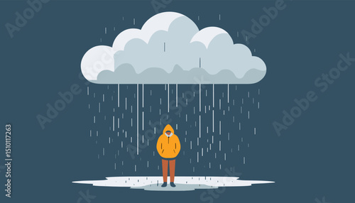 Solitary Figure in Raincoat Standing Under a Rain Cloud on Dark Background Illustrating Solitude and Concept of Depression and Loneliness