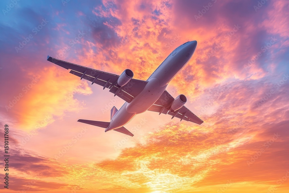 airplane flying through the evening sky, silhouetted against a radiant orange and pink sunset, Generative AI airplane flying through the evening sky, silhouetted against a radiant orange and pink sunset, Generative AI