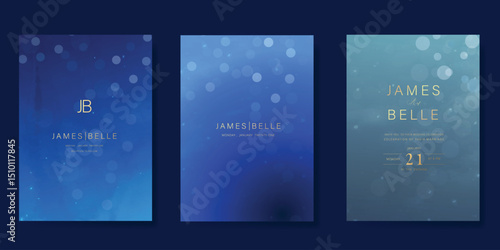 Luxury invitation card design vector set. Elegant wedding card with bubble bokeh blur decorative on navy blue background. Design illustration for cover, poster, gala.