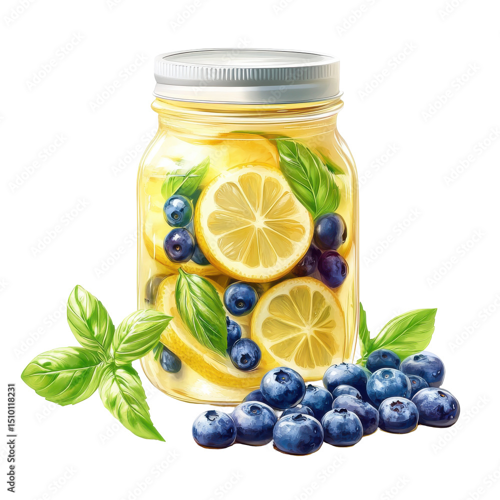 Refreshing Lemon and Blueberry Infused Drink in a Jar with Fresh Basil Leaves on transparent background Refreshing Lemon and Blueberry Infused Drink in a Jar with Fresh Basil Leaves on transparent background