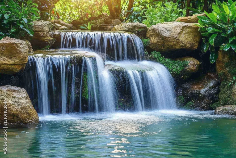 Obraz premium scenic waterfall with sparkling water flowing into a natural turquoise pool, surrounded by greenery, Generative AI