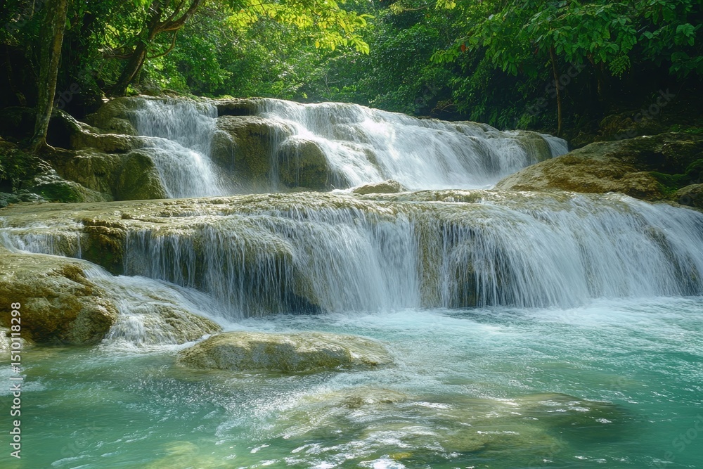 Fototapeta premium scenic waterfall with sparkling water flowing into a natural turquoise pool, surrounded by greenery, Generative AI