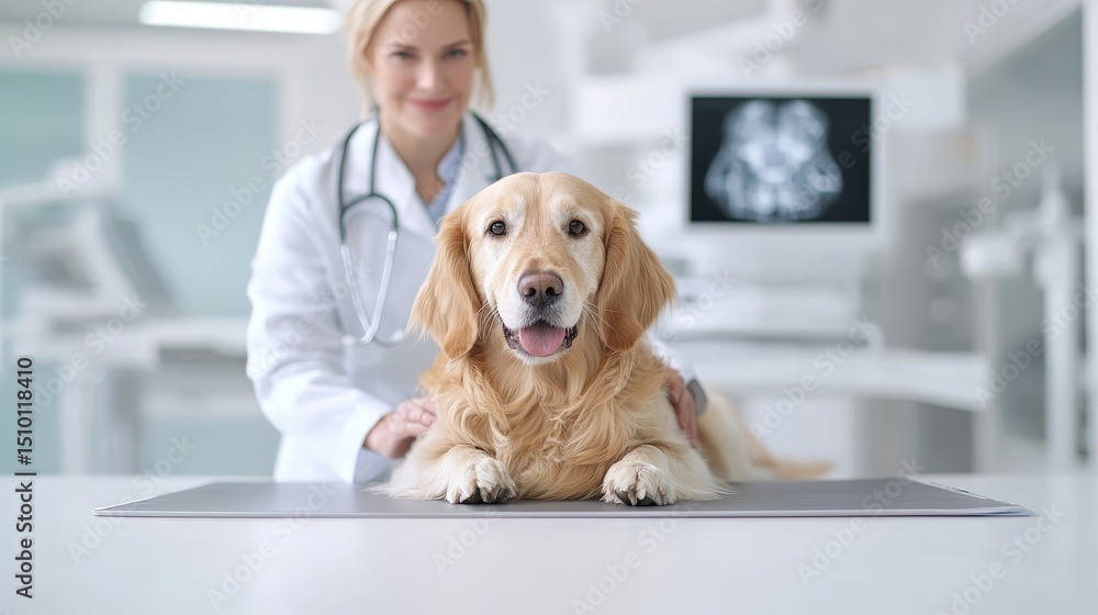 A woman in a white lab coat is examining a dog A woman in a white lab coat is examining a dog