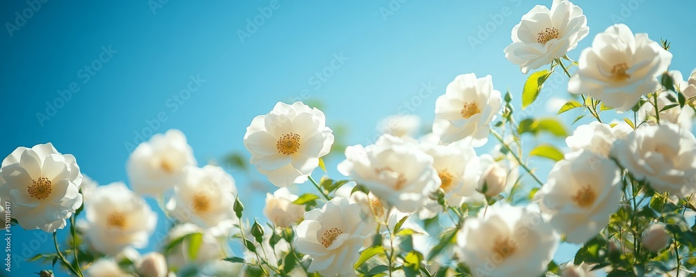 Fototapeta premium banner of wild white roses blooming vividly against a bright blue sky, with room for text, Generative AI